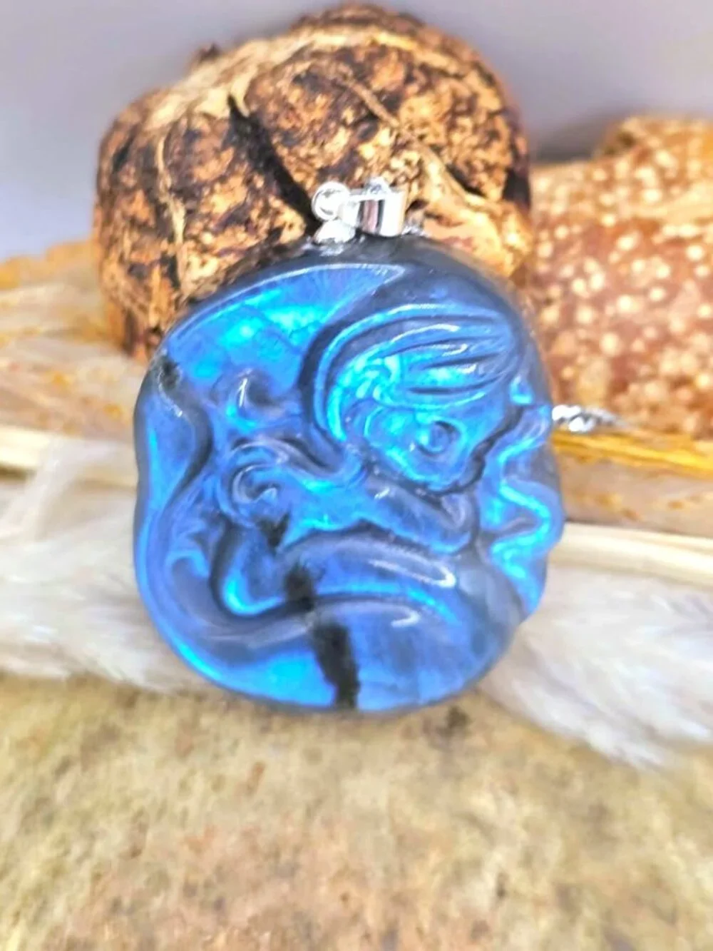 Natural Labradorite Carved Sleeping Mermaid Pendant Necklace